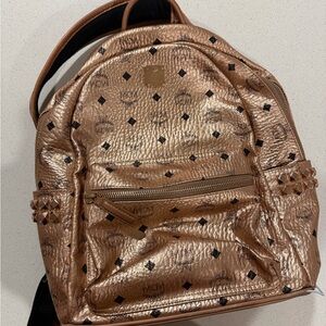 MCM Metallic Rose Gold Logo-Print Backpack with Stud Accents